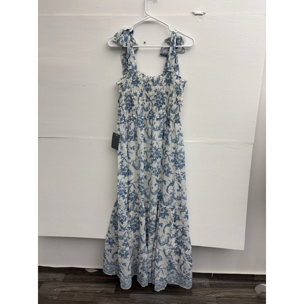 NWT Max Studio Blue Floral Smocked Maxi Dress Size L Tiered Tie Shoulder $178 - Picture 13 of 13